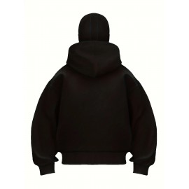 Men'S Windproof Full-Zip Hooded Jacket with Detachable Balaclava - Heavy-Duty Full-Zip Front, Loose Fit Casual Winter Coat, Geometric Pattern Hoodie for Outdoor Activities & Casual Attire, Windproof & High Quality Design, Full-Zip Hooded Sweatshirt