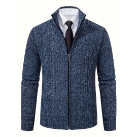 Men's Business Cable-Knit Sweater Jacket with Stand-Up Collar - Machine Washable Gray Winter Office Sweater Coat, Long Sleeve Casual to Meeting Wear, Gym Compatible for Professional & Everyday Use - Solid Color Mature Style