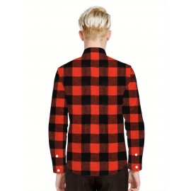 Trendy Checkered Vintage Plaid Colorblocking Men'S Casual Shirt with Chest Pocket, Grid Pattern Top for Spring and Autumn Wear, Comfortable Stylish Design