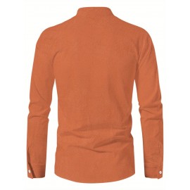 Men's Pink Henley Shirt with Stand Collar - Versatile Long Sleeve Half-Button Tee for Casual & Formal Wear, Smooth Polyester Fabric, Machine Washable, Spring/Fall Essential, Spring Attire | Classic Henley Shirt | Solid Color Shirt