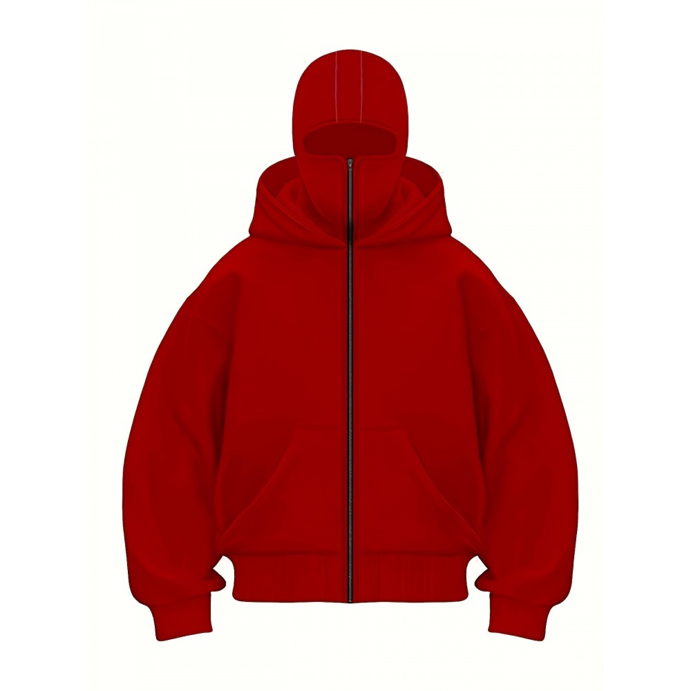 Men'S Windproof Full-Zip Hooded Jacket with Detachable Balaclava - Heavy-Duty Full-Zip Front, Loose Fit Casual Winter Coat, Geometric Pattern Hoodie for Outdoor Activities & Casual Attire, Windproof & High Quality Design, Full-Zip Hooded Sweatshirt