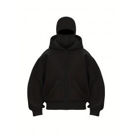Men'S Windproof Full-Zip Hooded Jacket with Detachable Balaclava - Heavy-Duty Full-Zip Front, Loose Fit Casual Winter Coat, Geometric Pattern Hoodie for Outdoor Activities & Casual Attire, Windproof & High Quality Design, Full-Zip Hooded Sweatshirt