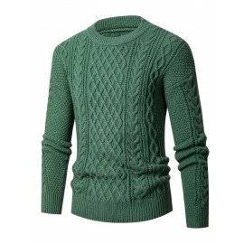 Men's Thickened Warm Slim-Fit Red Cable-Knit Sweater - Soft Light Beige-Friendly Long Sleeve Round Neck Winter Sweater for Business Casual & Casual Attire, Durable Cozy Knit Pullover with Twisted Grid Pattern, Versatile Layering Piece (Hand Washable) - Ideal for Office & Semi-Formal Events, Autumn & Winter Fashion in Vibrant Red with Ribbed Cuffs and Hem, Comfortable and Stylish for Casual Formal Outfits