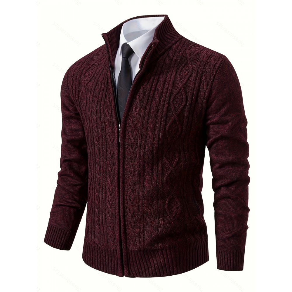 Men's Business Cable-Knit Sweater Jacket with Stand-Up Collar - Machine Washable Gray Winter Office Sweater Coat, Long Sleeve Casual to Meeting Wear, Gym Compatible for Professional & Everyday Use - Solid Color Mature Style