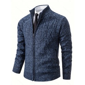 Men's Business Cable-Knit Sweater Jacket with Stand-Up Collar - Machine Washable Gray Winter Office Sweater Coat, Long Sleeve Casual to Meeting Wear, Gym Compatible for Professional & Everyday Use - Solid Color Mature Style