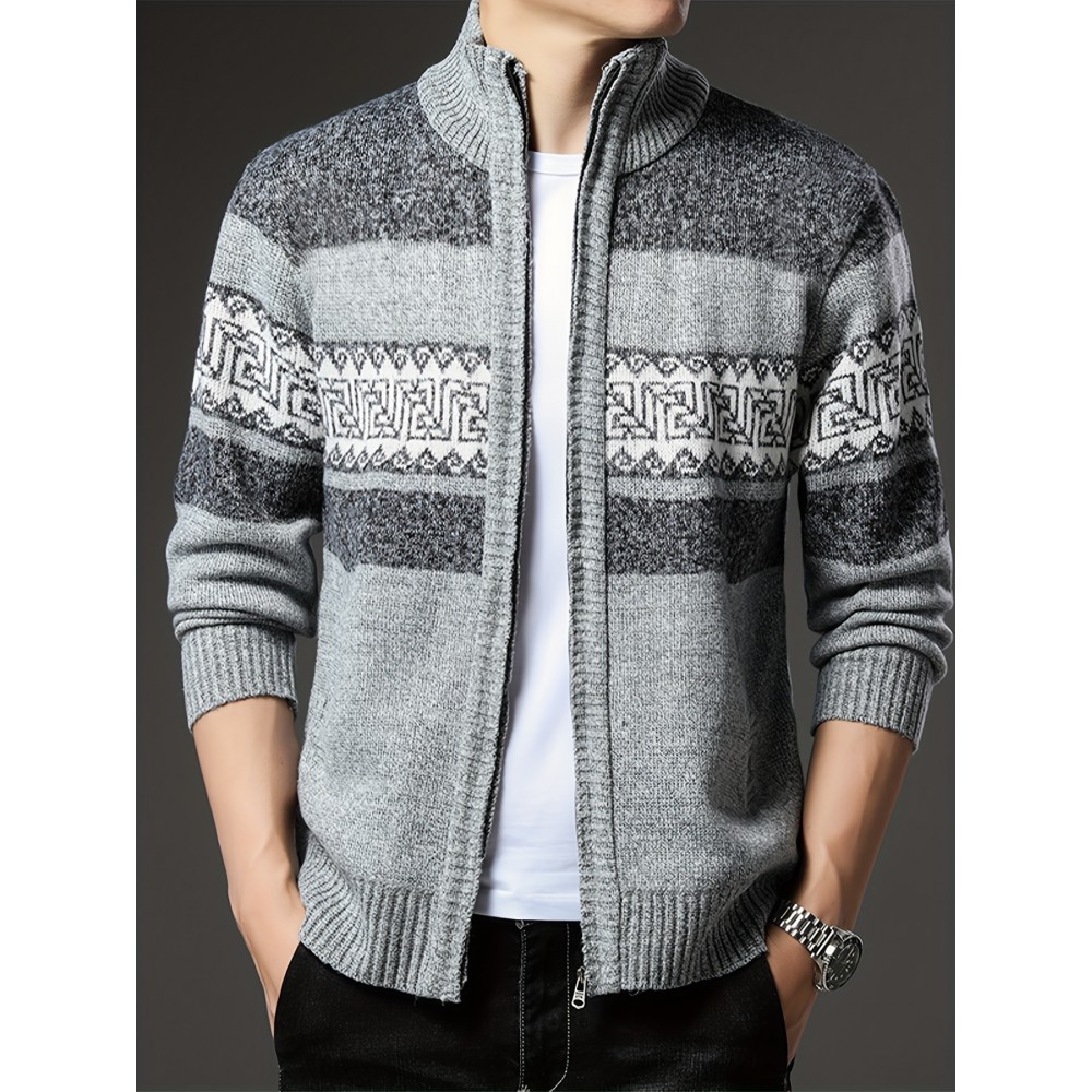 Men'S Winter Warm Jacquard Cardigan Sweater - Full-Zip Stand Collar Long Sleeve Coat with Full-Zip Front Closure, / Contrast, Casual to Formal Outerwear, Regular Fit for Fall & Winter, Versatile Everyday & Formal Wear, Durable Knit Construction