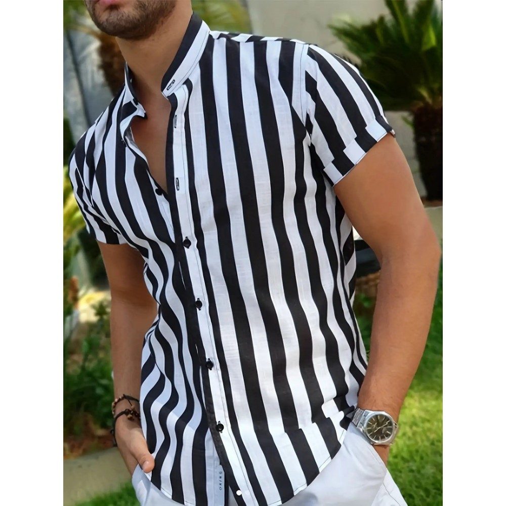 Men's Hawaiian Shirt - Black & White Striped with Orange Collar, Short Sleeve Summer Beach Shirt, Relaxed Fit Casual & Semi-Formal Outfits, Machine Washable Tropical Shirt for Men, Mismatched Pattern with Black and White Stripes, Breathable Fabric for Warm Weather, Stylish and Comfortable for Beach Outings and Casual Attire, Hawaiian Shirt Men Plus Size